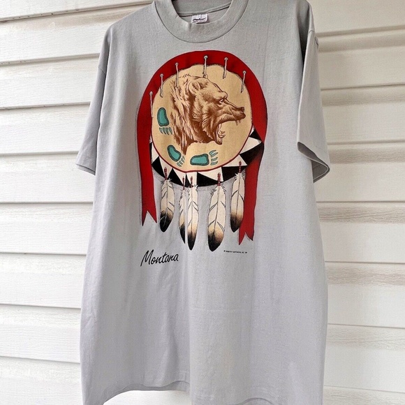 Vintage 1989 Native Tribal Design Montana Bear Feathers T Shirt XL - Picture 12 of 15